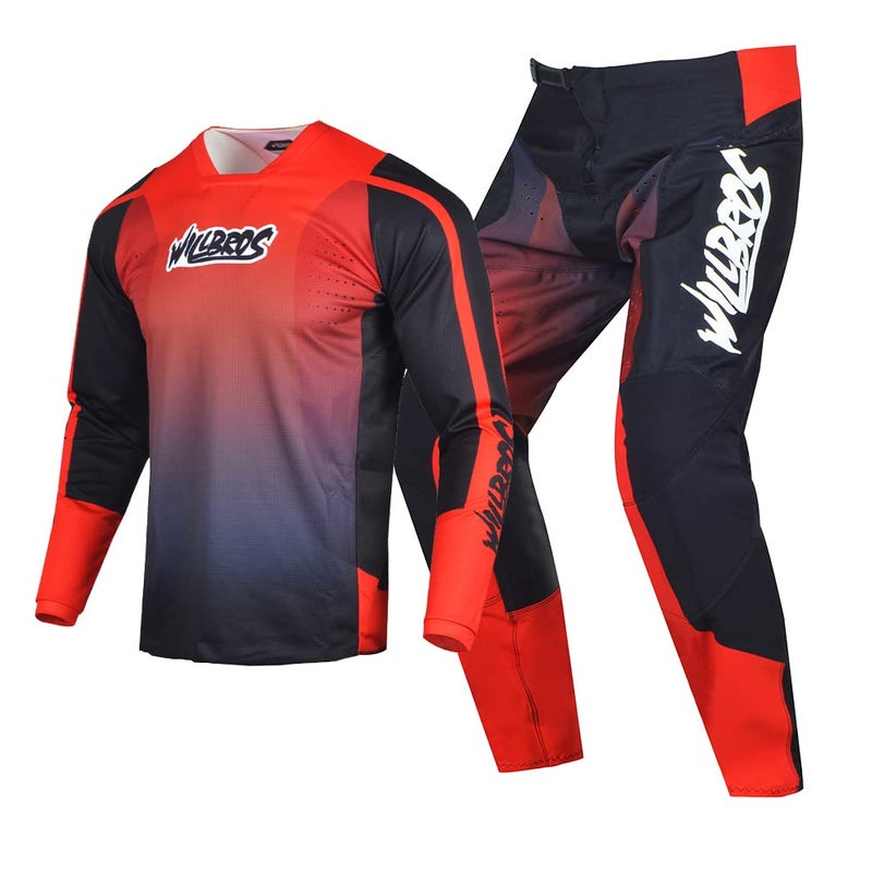 Willbros Motocross Jersey Pants Combo Mens Women Dirt Bike MX Gear Set Offroad Riding Adult Racewear Black Red Jersey M Pants 32
